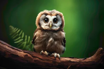 Poster A curious baby owl perched on a wooden branch, its round eyes staring directly at the camera, set against a deep green background. © Animals
