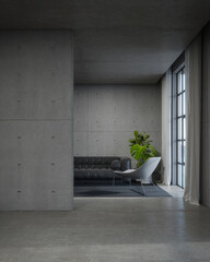 Empty concrete wall with sofa and window. 3d rendering of interior space with sea background.