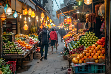 Shoppers walk through a bustling city market adorned with colorful lanterns and fresh produce stalls. AI Generated.