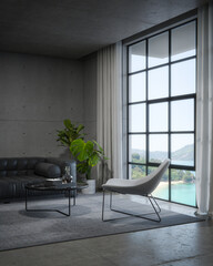 Empty concrete wall with sofa and window. 3d rendering of interior space with sea background.