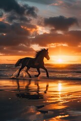 Obraz na płótnie Canvas Silhouette of horse running on beach at sunset