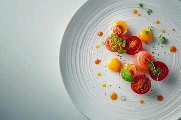 A symphony of colorful tomatoes and herbs artistically arranged on a plate. AI Generated.