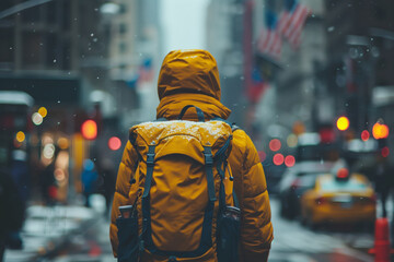 A city wanderer in a bright yellow jacket and backpack stands amid a snow flurry on a bustling New...