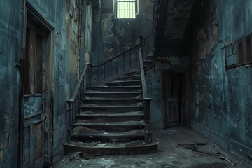 Fototapeta na wymiar A hauntingly empty staircase winds through the gloomy interior of an abandoned building, surrounded by decay. AI Generated.