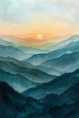 8K watercolor of mountain range, earthy tones with gradient sky, serene and expansive view