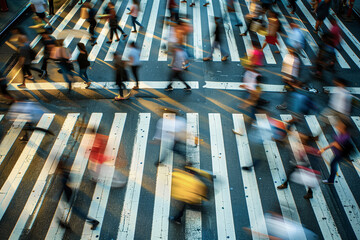 Captured from above, the rush hour rhythm unfolds on a city crosswalk, as pedestrians in a blur of movement create a tapestry of urban life in motion. AI Generated
