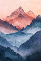 Obraz premium Earthy toned mountain range, watercolor with gradient sky, 8K, majestic and peaceful panorama