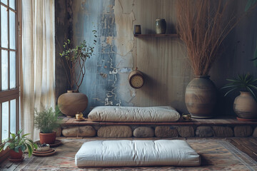 A rustic meditation corner with white cushions and an array of natural elements for a peaceful retreat. AI Generated.
