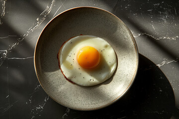 A perfect sunny-side-up fried egg on a rustic speckled plate, bathed in warm sunlight with shadows. AI Generated