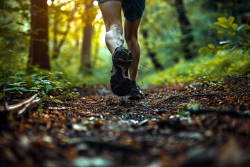 A close-up view of a runner's leg taking a stride on a forest trail, illuminated by soft sunlight filtering through trees. AI Generated. - obrazy, fototapety, plakaty
