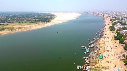 Aerial view of Varanasi ganga ghat and temple 