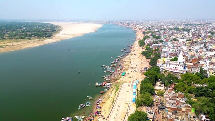 Aerial view of Varanasi ganga ghat and temple 