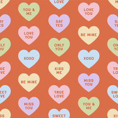 Vector seamless pattern with hand drawn conversation hearts. Lovely romantic endless background for Valentines day, holiday design, wallpaper, fabric. Cartoon candy hearts pattern in flat style