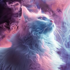 Portrait of Longhair White Cat Surrounded by Pastel Smoke 