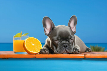 A content French Bulldog puppy resting its head on a blue bench at the beach, surrounded by a calm...