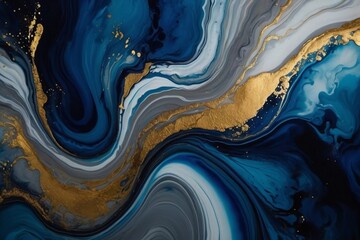 Abstract fluid art painting in alcohol ink technique, mixture of blue, white and gold paints
