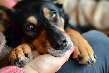 Dog pressing his paw against a woman hand
