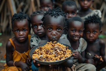 Group of african children eating meager food with their hands from a metal plate - obrazy, fototapety, plakaty