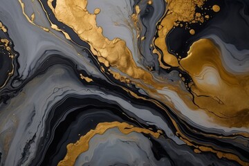 Abstract fluid art painting in alcohol ink technique, mixture of black, white and gold paints