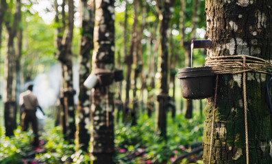 collecting rubber sap on a plantation close-up