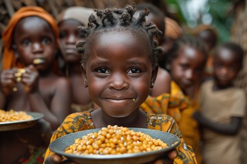 Group of african children eating meager food with their hands from a metal plate
