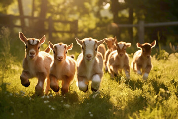 A cluster of playful baby goats frolicking in a sunlit meadow, their tiny hooves leaving imprints on the soft grass as they leap and bound with glee. - obrazy, fototapety, plakaty