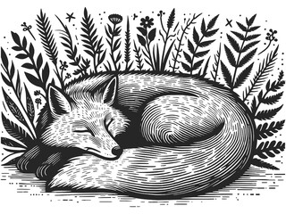 Fototapeta premium peaceful sleeping fox curled up in a lush forest setting with intricate foliage details sketch engraving generative ai raster illustration. Scratch board imitation. Black and white image.