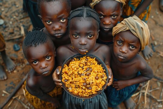 Group of african children eating meager food with their hands from a metal plate
