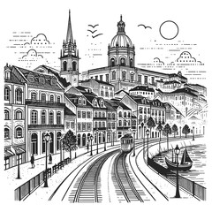 vintage cityscape Lisbon Portugal featuring historical buildings, tram on rails, and a riverfront sketch engraving generative ai raster illustration. Scratch board imitation. Black and white image.