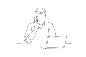 Fototapeta na wymiar business man who is on the phone while monitoring the laptop seriously.Business call one-line drawing