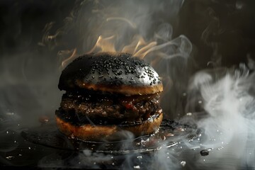burnt hamburger, creating a hot, steamy environment for the savory meal - obrazy, fototapety, plakaty