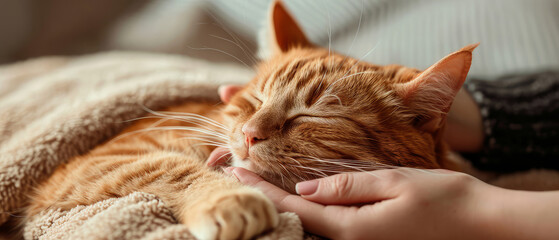 Naklejka na ściany i meble Close up of cute fur cat. Female hand petting and hugging cute kitten pet. Cozy evening, domestic relax ambience at home.