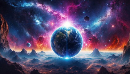 Universe like the source of consciousness energy, human like part of universe, colorful galaxy light and planets