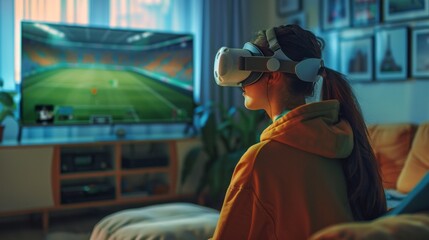 Woman is sitting on a couch in the apartment, he is wearing a VR headset, he is watching a soccer match on the television. Screens are floating that have soccer player and stats