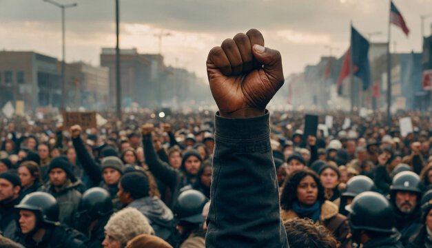 Raised fist of black African man like the symbol of the protest 