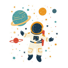Astronaut amidst colorful planets and stars.