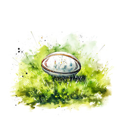 Watercolor Green and White Rugby Ball on Field isolated on White Background