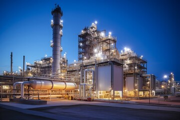 Illuminated Industrial Refinery Plant at Twilight
