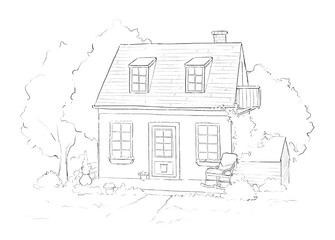 Summer landscape with country house, lawn and trees isolated on white background. Graphic outline sketch illustration