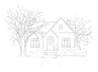 Winter landscape with country house and trees isolated on white background. Graphic outline sketch illustration