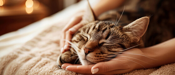 Close up of cute  fur cat. Female hand petting  and hugging cute kitten pet. Cozy evening, domestic relax ambience at home. - obrazy, fototapety, plakaty