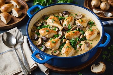 Chicken in a creamy wine sauce with mushrooms, shallots and parsley in a blue enameled pot with a spoon and napkin