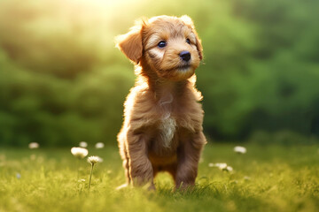 The puppy is sitting on the green grass in the sun.