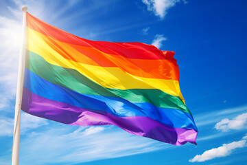 Rainbow flag, a symbol for the LGBT community, waving in the wind with a cloudy background