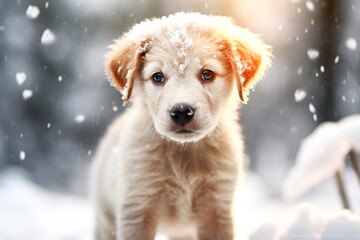 A cute, fluffy, white puppy is playing in the snow.