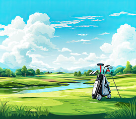 Golf Field with Golf Bag Landscape Background