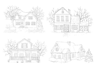 Set with winter Christmas landscape with country houses, snow and trees isolated on white background. Graphic outline sketch illustration