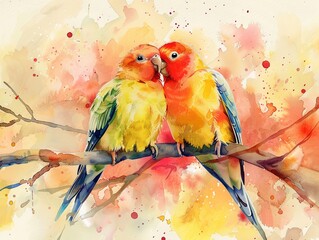 Vibrant watercolor lovebirds, soft edges, perched on branch, 4K resolution, picturesque and tender
