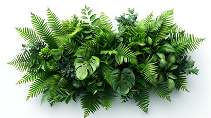 nature jungle composition bouquet with different green tropical leaves collection on the white background for summer warm postcard with generative ai