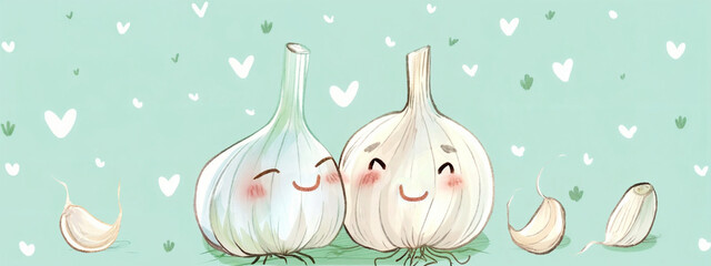 Obraz na płótnie Canvas Spring Awakening, Charming Onion Garlic Character, Illustration for Children's Book, Educational Card, Playful Gardening Guides. April, National Garlic Month Concept, Space for Text, Banner